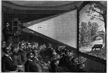 Stereoscopische projecties: De lichtstralen in verschillende kleuren overlappen het scherm. De toeschouwers dragen brillen en kleurrijke glazen. Gravure in "La Nature. Revue des sciences et de ses applications aux arts et à l