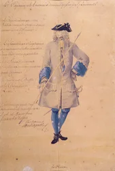 Studie van het uniform van een marinier gestationeerd in Le Havre, 1718