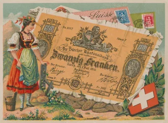 Zwitserse meisje in traditionele klederdracht en 20 Frank bankbiljet