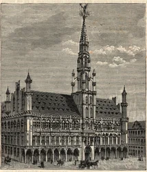 Systeem van bliksemafleiders bij het stadhuis van Brussel in de 19e eeuw - Gravure in 