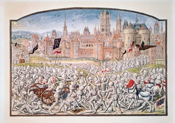 T.2 fol.287 Overwinning van de inwoners van Gent onder leiding van Philipp van Artevelde voor Brugge in 1381, uit Froissarts Kroniek, 1472