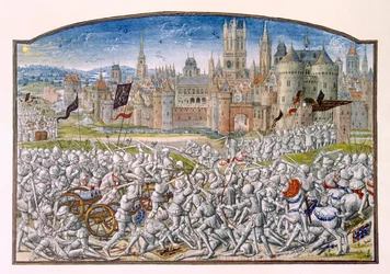 T.2 fol.287 Overwinning van de inwoners van Gent onder leiding van Philipp van Artevelde voor Brugge in 1381, uit Froissarts Kroniek, 1472