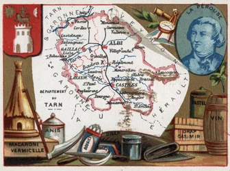 Tarn (81), Midi Pyrenees, Frankrijk. Macaroni en vermicelli, anijs, kaarsen, beddengoed, pastel en wijn. Portret van Jean Francois de Galaup, Graaf van La Perouse (1741-?), marineofficier. Serie over de Franse departementen. Chromolithografie