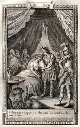 Telemachus verzorgt de wonden van Phalante en brengt hem de as van zijn broer - gravure van 1798 naar Monnet in "Les Aventures de Telemaque, fils d