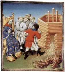 Tempeliers worden geëxecuteerd onder toezicht van de Franse koning Filips IV de Schone in 1310, illuminatie