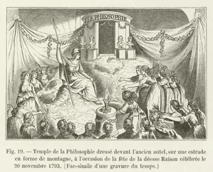 Tempel van de Filosofie opgericht voor het oude altaar, op een podium in de vorm van een berg, ter gelegenheid van het feest van de godin Rede gevierd op 20 november 1793, Facsimile van een gravure uit die tijd