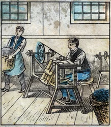 Textiel, linnen: werkplaats. De naaigaren worden op kaarten of rollen in een bal gelegd. Gravure. Epinal afbeelding eind 19e eeuw.