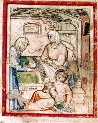Thamar (Tamar) baart twee tweelingen, Perets en Zerah, zonen van Juda, miniatuur uit codex 212 (of padovano codice of Bijbel van Padua) 1390-1400