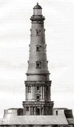De 17e-eeuwse vuurtoren van Cordouan, nabij de monding van de Gironde-estuarium in Frankrijk, hier te zien na de uitbreiding in de 18e eeuw, uit Les Merveilles de la Science, gepubliceerd ca. 1870 (gravure)