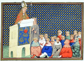 De aartsbisschop van Canterbury predikt tegen Richard II aan de Engelse adel, facsimile kopie uit Le Prinse et Mort du Roy Richart door Jean Creton, herdrukt 19e eeuw