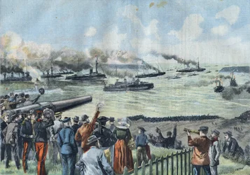 Het Baltische eskader verlaat de haven van Brest. De Montcalm, met de president van de Franse republiek Emile Loubet
