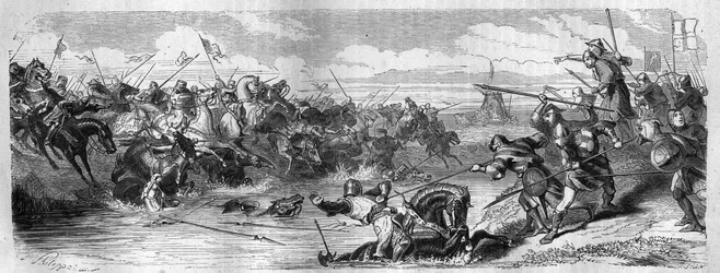 De Slag bij Kortrijk (Guldensporenslag) tussen de koning van Frankrijk en de Vlaamse gemeentelijke militie op 11 juli