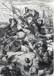 De Slag bij Kortrijk (Guldensporenslag) tussen de Koning van Frankrijk en de Vlaamse Gemeentelijke Militie op 11 juli