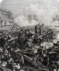 De Slag bij Landen of Neerwinden werd uitgevochten in het huidige België op 29 juli 1693 tijdens de Negenjarige Oorlog (gravure)