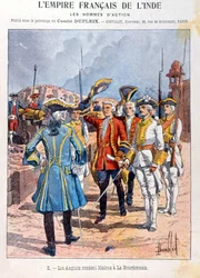 De Britten geven Madras over aan de Franse commandant Mahe de la Bourdonnais 21 september 1746, omslag van schoolschrift, c.1900