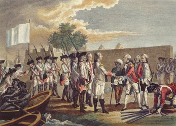 De verovering van Senegal, gegraveerd door Nicholas Ponce (1746-1831) 1799 (kleurgravure)