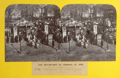 Het Carnaval van 1863 in Parijs, de vetoswagen verlaat het slachthuis, stereoscopisch beeld, 1863