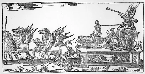De triomfwagen van de roem, onderdeel van de Triomf van Hendrik II, gepubliceerd in 1551