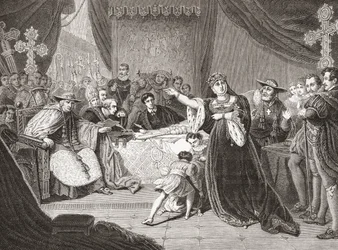 Het Hof voor de Rechtspraak van Koningin Katharina door George Henry Harlow, met Mrs. Siddons als Koningin Katharina in Shakespeare