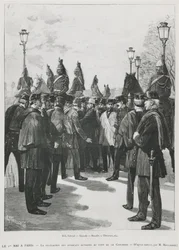 De delegatie van de vakbonden bij Pont de la Concorde tijdens de demonstratie voor 1 mei in Parijs, 1 mei 1890, gegraveerd door L. Moulignie