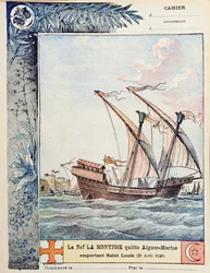 Het vertrek van Sint Lodewijk op zijn schip de Montjoie vanuit Aigues-Mortes op 25 augustus 1248, omslagillustratie van een schoolschrift, c.1900