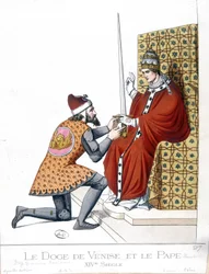 De doge van Venetië en de paus in de 14e eeuw - gravure