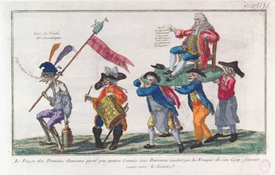 De Doyen van de Fermiers Generaux wordt door zijn bewakers naar het Niets gedragen, 1791