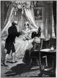 De Hertogin van Berry (Marie Caroline, Prinses van de Twee Siciliën, Hertogin van Berry (1798-1870) in het Fort van Blay ontvangt Dokter Louis Charles Deneux (1767-1846) - Gravure