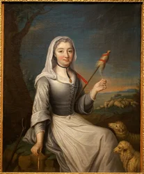 De hertogin van Villars (?) in een bergere met een lisdodde