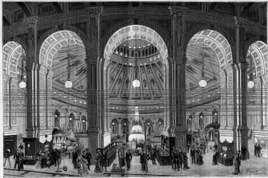 De Elektriciteitstentoonstelling in Wenen (Oostenrijk), een overzicht van de grote rotonde verlicht door elektrisch licht. Gravure in "La Nature. Revue des sciences et de ses applications aux arts et à l
