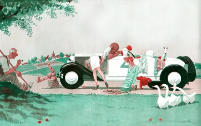 De noodlottige pech - Als het de landbouw aan armen ontbreekt, ontbreekt het de automobielindustrie niet aan benen - illustratie uit la Vie Parisienne