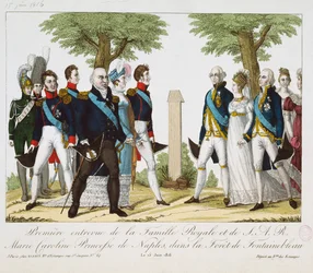 De eerste ontmoeting tussen Lodewijk XVIII en Marie-Caroline-Ferdinande van Bourbon, bij het Kruis van St. Herem in het bos van Fontainebleau, 15 juni 1816