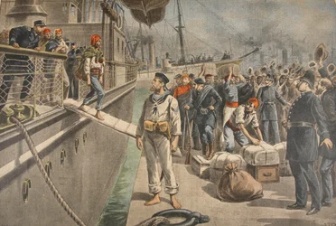 De eerste gevangenen in Key West tijdens de Spaans-Amerikaanse Oorlog, illustratie uit Le Petit Journal: Supplement illustre, 8 mei 1898