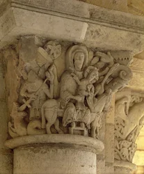 De vlucht naar Egypte, zuilkapiteel reliëf uit de kerk van de Benedictijner abdij, 13e eeuw