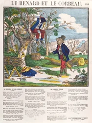 De vos en de raaf, ca. 1840 (gekleurde gravure)