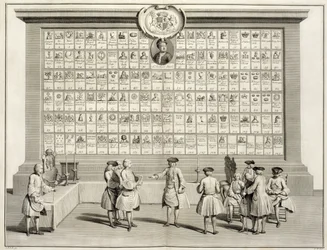 De vrijmetselaars, met tekens voor de verschillende loges, uit De ceremonies van religie en gewoonte, ca. 1733