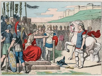 De Gallische leider Vercingetorix (80-46 v.Chr.) gaat in 52 v.Chr. bij Alesia naar Julius Caesar (100-44 v.Chr.) - Vercingetorix (72-46 v.Chr.), Gallische leider, geeft zich bij Alesia (Frankrijk) over aan Caesar - Gravure uit het einde van de 19e eeuw in