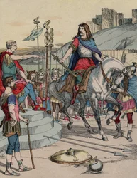 De Gallische leider Vercingetorix (72-46 v.Chr.) geeft zich na de slag bij Alesia in 52 v.Chr. over aan de Romeinse leider Julius Caesar (100-44 v.Chr.)