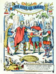 De Gallische leiders verenigd tegen Julius Caesar (100-44 v.Chr.), aangevoerd door Vercingetorix (gest. 46 v.Chr.), van een beschermomslag voor schoolboeken, eind 19e eeuw