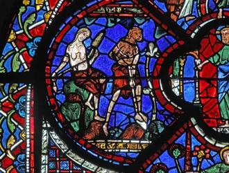 Het raam van de barmhartige Samaritaan: God veroordeelt Adam en Eva tot werken
