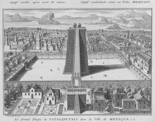 De Grote Tempel van Vitsliputsli in Mexico-Stad, illustratie uit Religieuze Ceremonies en Gebruiken, gegraveerd door Bernard Picart (1673-1733) 1722
