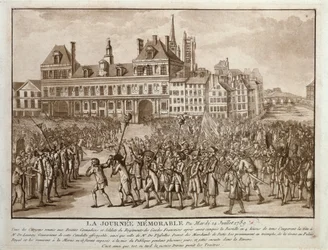 De hoofden van Launay en Flesselles gepromeneerd voor het Hôtel de Ville, 14 juli 1789