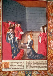 De Heilige Roomse Keizerin Richilde van Provence in Compiegne presenteert aan Lodewijk de Stamelaar de kroon en scepter die toebehoorden aan zijn vader Karel II 