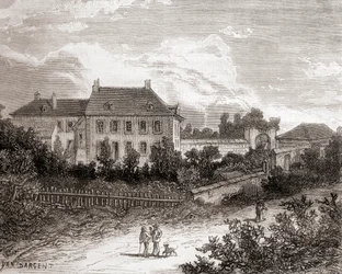 Het huis in Gras, nabij Chalon-sur-Saône, Frankrijk waar de Franse uitvinder Nicéphore Niépce heliografie ontwikkelde, uit Les Merveilles de la Science, gepubliceerd ca. 1870 (gravure)
