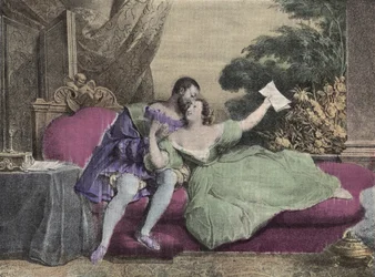De koning van Frankrijk Francois I (1494-1547) met Diane de Poitiers (1499-1566) Dame van Breze, Hertogin van Valentinois. Lithografie van Daveria uit 1832 in Laughs Et Galanterie. Wekelijkse collectie van Galante afbeeldingen onder leiding van John Grand-