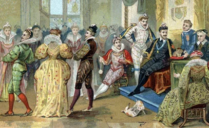 De koning van Frankrijk Hendrik III (1551-1589) omringd door zijn favorieten. Chromolithografie uit de late 19e eeuw