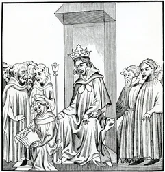 De koning van de Franken dicteert de Salische wet, naar een miniatuur in de Kronieken van St. Denis