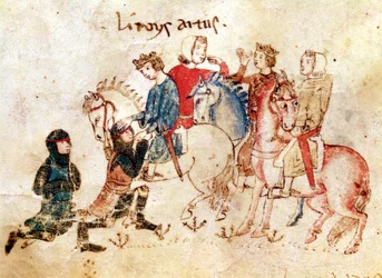 De ridders Esclabor en Arphasar bieden hun diensten aan koning Arthur aan, uit de Roman de Meliadus