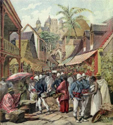 De Madagaskar-expeditie, Franse soldaten in een straat in Tananarive, uit Le Petit Journal, 27 oktober 1895