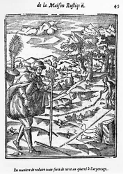 De Manier om elk soort Grond te Reduceren tot de Meetvierkant, illustratie uit LAgriculture et Maison Rustique door Charles Estienne, editie gepubliceerd 1641